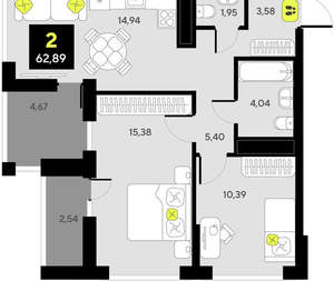 2-к квартира, вторичка, 63м2, 2/14 этаж
