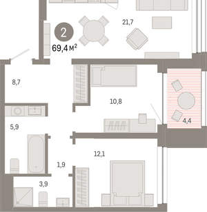 2-к квартира, вторичка, 69м2, 4/8 этаж