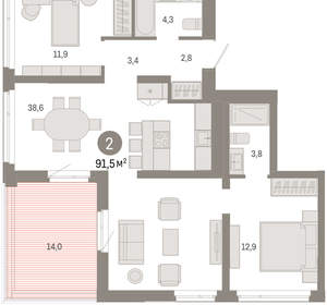 2-к квартира, вторичка, 91м2, 9/25 этаж