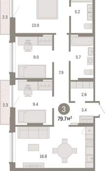 3-к квартира, вторичка, 80м2, 3/8 этаж