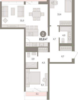2-к квартира, вторичка, 84м2, 6/9 этаж