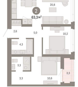 2-к квартира, вторичка, 63м2, 9/25 этаж