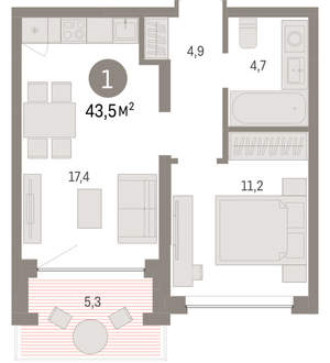 1-к квартира, вторичка, 44м2, 5/8 этаж