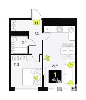 1-к квартира, вторичка, 44м2, 7/13 этаж