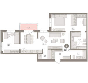2-к квартира, вторичка, 97м2, 3/11 этаж