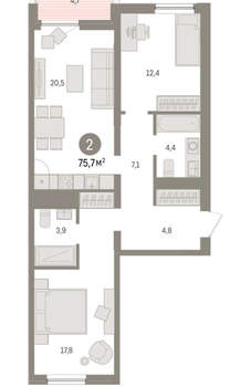 2-к квартира, вторичка, 76м2, 4/9 этаж