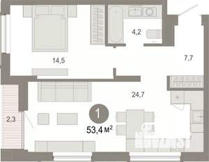 1-к квартира, вторичка, 53м2, 14/17 этаж