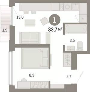 1-к квартира, вторичка, 34м2, 16/25 этаж