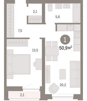 1-к квартира, вторичка, 51м2, 5/10 этаж