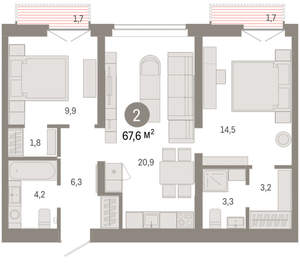 2-к квартира, вторичка, 68м2, 9/16 этаж