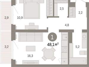 1-к квартира, вторичка, 48м2, 5/16 этаж