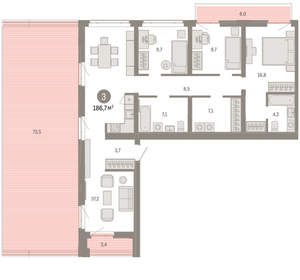 3-к квартира, вторичка, 187м2, 3/25 этаж