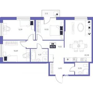 3-к квартира, строящийся дом, 84м2, 22/24 этаж