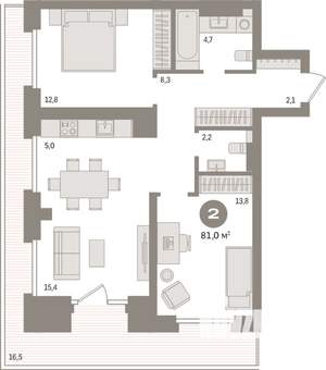 2-к квартира, вторичка, 81м2, 8/9 этаж