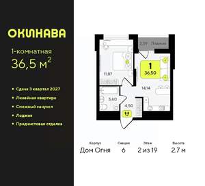 1-к квартира, вторичка, 37м2, 2/19 этаж