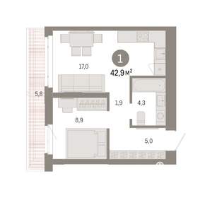 1-к квартира, вторичка, 43м2, 11/25 этаж