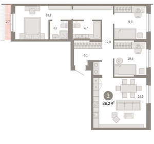 3-к квартира, вторичка, 86м2, 7/17 этаж