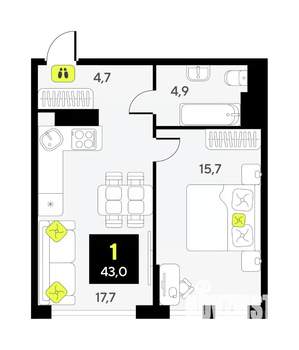 1-к квартира, вторичка, 43м2, 8/9 этаж