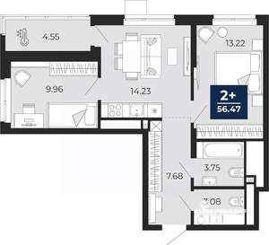 2-к квартира, вторичка, 56м2, 13/23 этаж