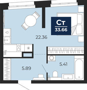 Студия квартира, вторичка, 34м2, 2/22 этаж