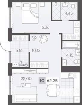 1-к квартира, вторичка, 62м2, 1/17 этаж