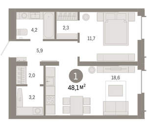 1-к квартира, вторичка, 48м2, 12/16 этаж