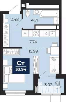 Студия квартира, вторичка, 34м2, 7/23 этаж