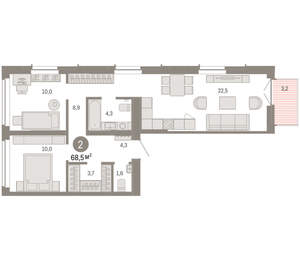 2-к квартира, вторичка, 68м2, 5/16 этаж