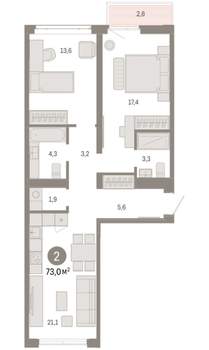 2-к квартира, вторичка, 73м2, 2/9 этаж