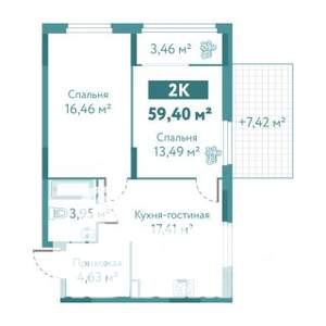 2-к квартира, вторичка, 59м2, 1/10 этаж