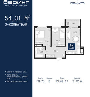 2-к квартира, вторичка, 54м2, 13/24 этаж
