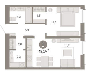 1-к квартира, вторичка, 48м2, 12/16 этаж