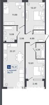3-к квартира, строящийся дом, 76м2, 2/8 этаж