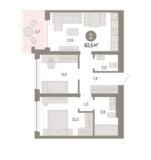 2-к квартира, вторичка, 63м2, 7/8 этаж