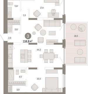 3-к квартира, вторичка, 119м2, 2/16 этаж