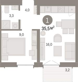 1-к квартира, вторичка, 35м2, 7/16 этаж