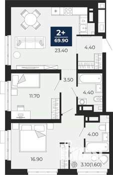 2-к квартира, вторичка, 71м2, 10/18 этаж