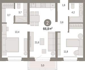 2-к квартира, вторичка, 67м2, 6/16 этаж