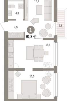 1-к квартира, вторичка, 62м2, 7/9 этаж