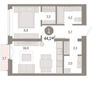 1-к квартира, вторичка, 44м2, 9/16 этаж