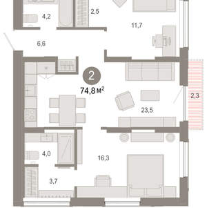 2-к квартира, вторичка, 75м2, 15/17 этаж