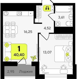 1-к квартира, вторичка, 40м2, 17/19 этаж