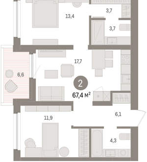 2-к квартира, вторичка, 67м2, 6/16 этаж