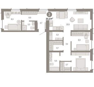 3-к квартира, вторичка, 86м2, 2/16 этаж