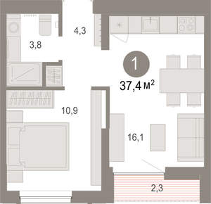 1-к квартира, вторичка, 37м2, 4/17 этаж