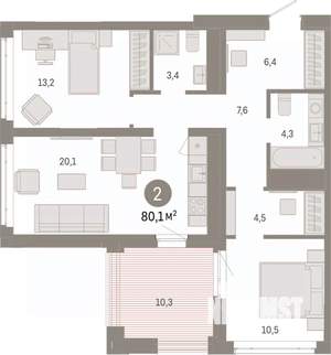 2-к квартира, вторичка, 80м2, 17/25 этаж