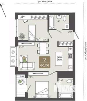 2-к квартира, вторичка, 60м2, 4/15 этаж