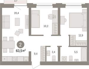2-к квартира, вторичка, 63м2, 3/10 этаж