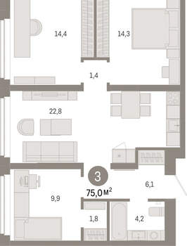 3-к квартира, вторичка, 75м2, 2/16 этаж