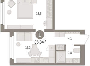 1-к квартира, вторичка, 37м2, 3/16 этаж